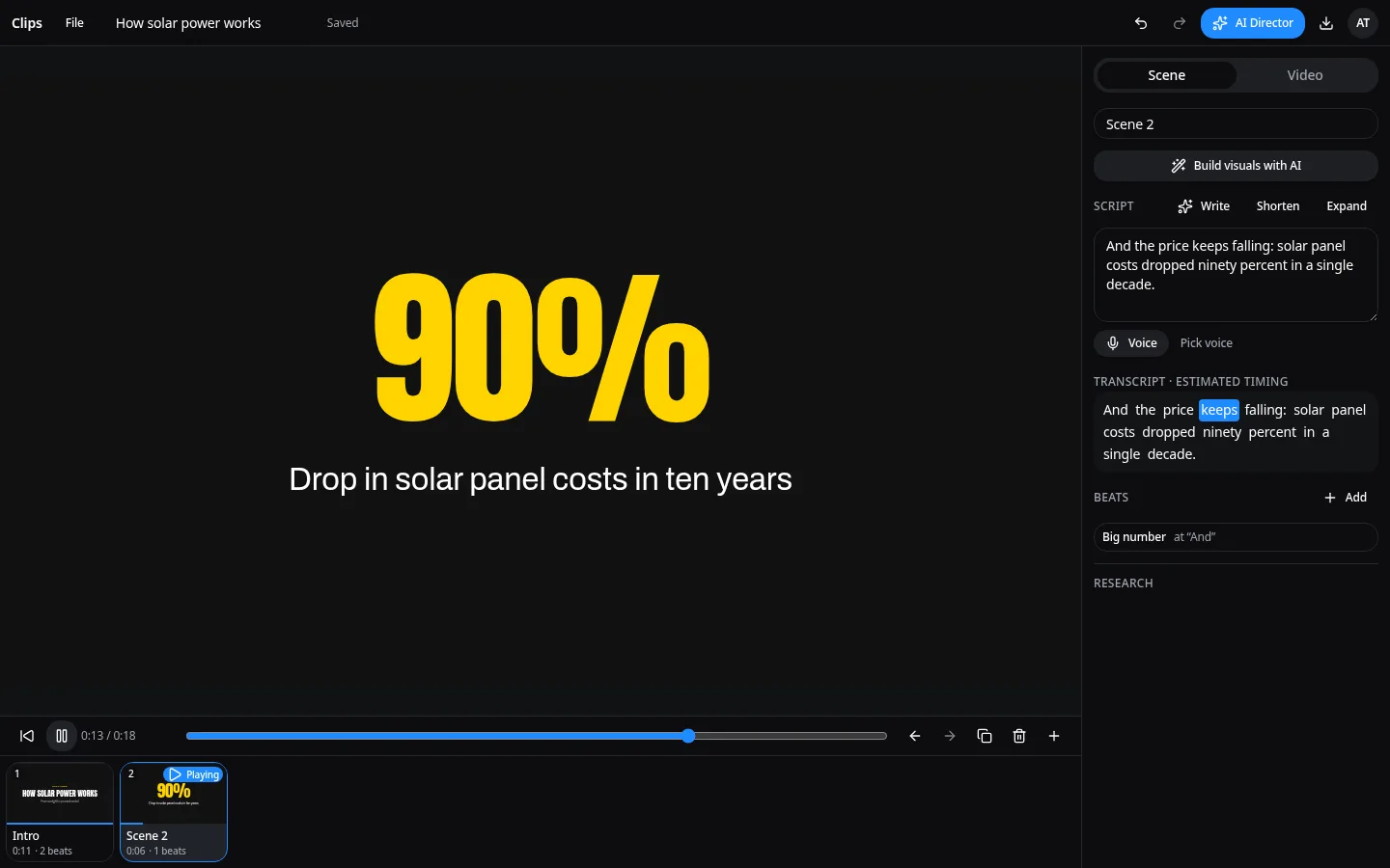 Typimo Clips animated big-number scene reading 90 percent drop in solar panel costs