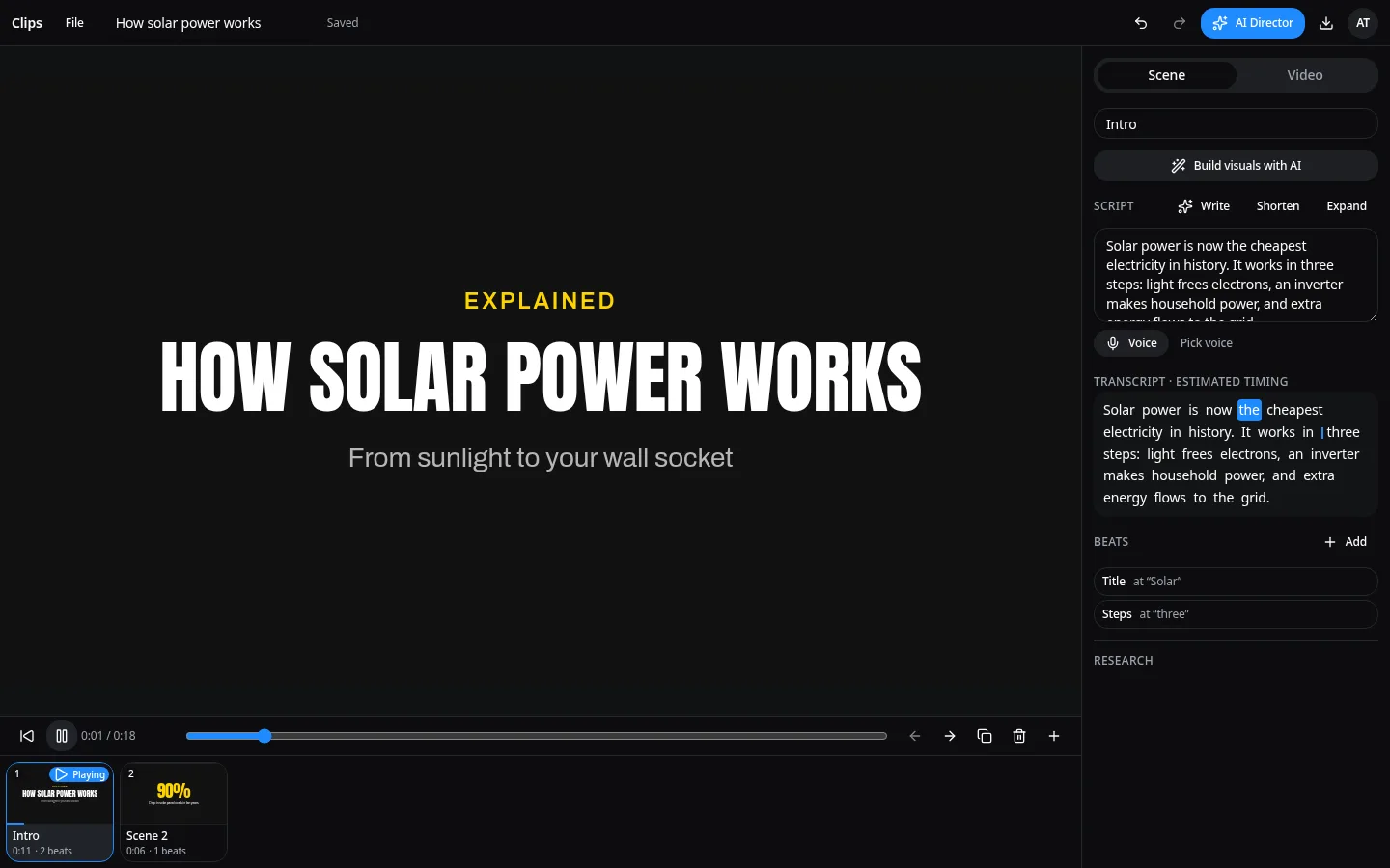 Typimo Clips editor with a How Solar Power Works title scene, script, transcript and scene player