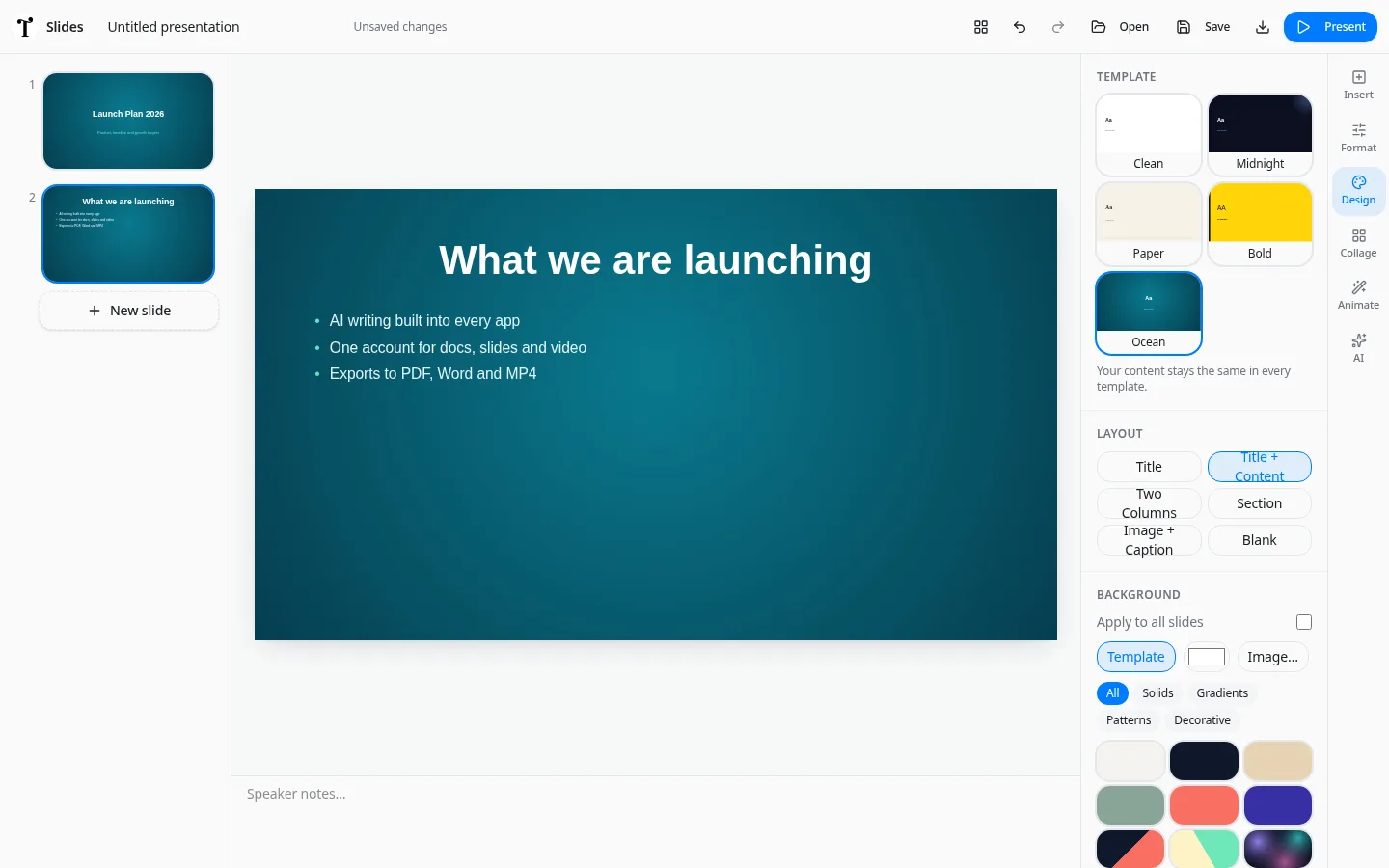 Typimo Slides editor with a bulleted slide and the template, layout and background panel