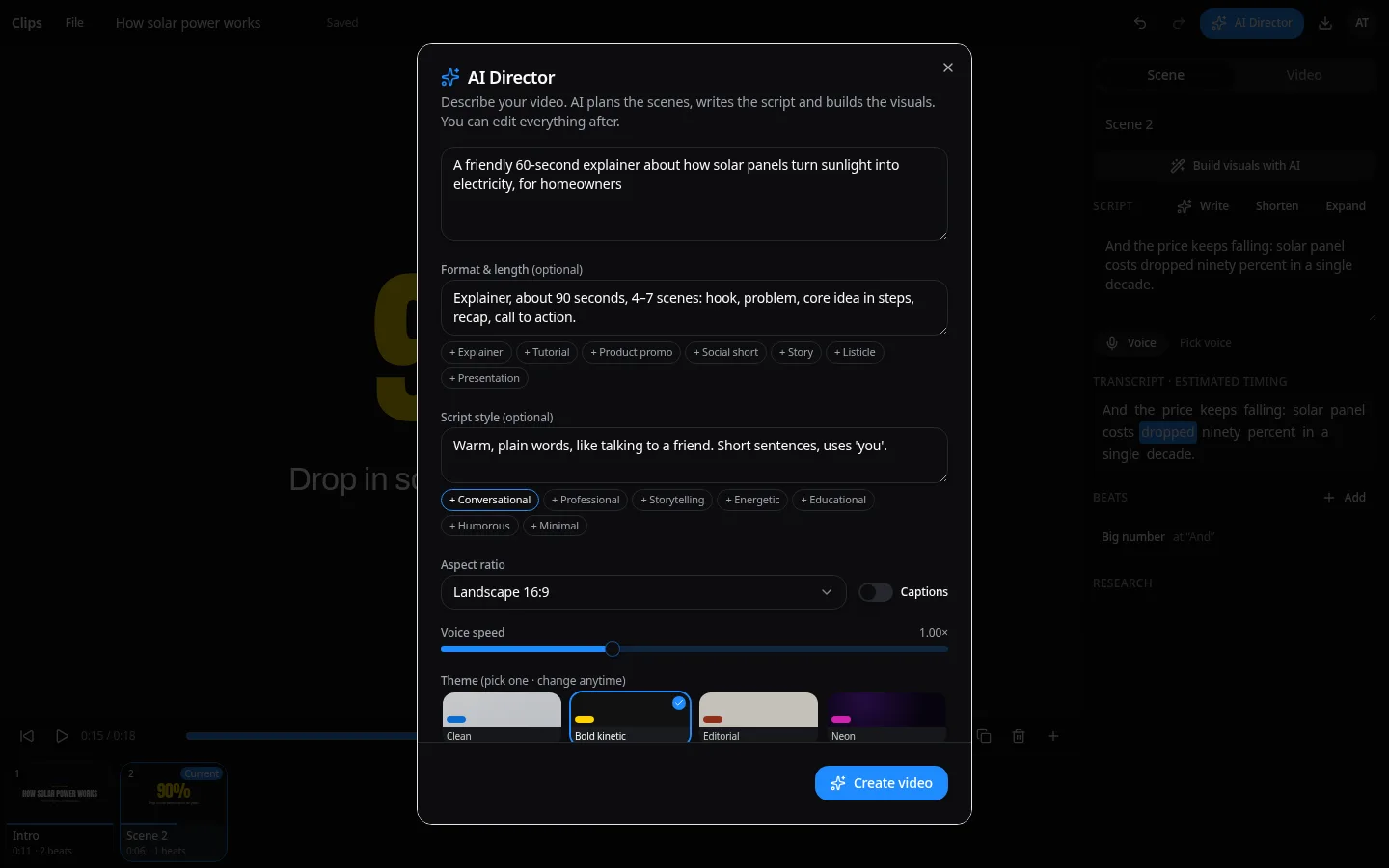 Typimo Clips AI Director dialog with prompt, format, script style, aspect ratio and theme
