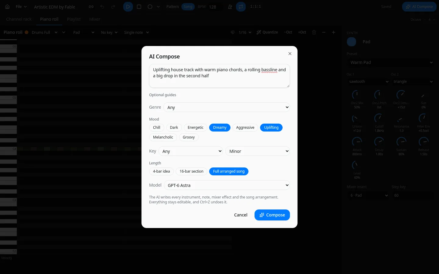 Typimo Beats AI Compose dialog with prompt, genre, mood, key and length options
