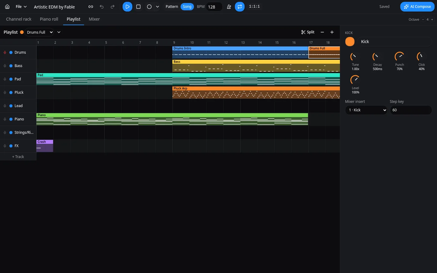 Typimo Beats playlist arranging patterns and audio clips into a full song