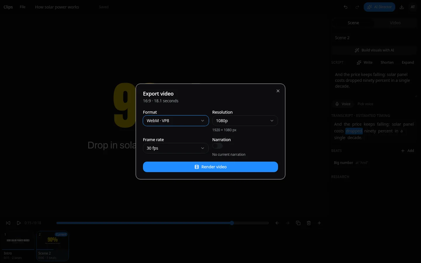 Typimo Clips export dialog with format, resolution, frame rate and narration options