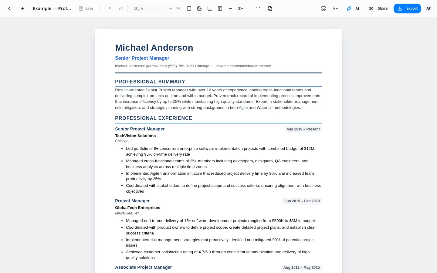 Typimo Docs professional resume with summary and experience sections