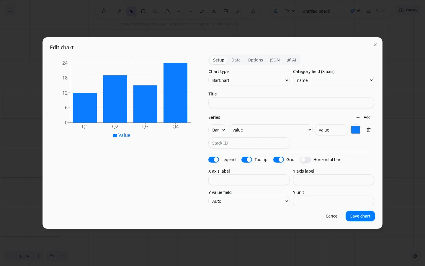 Typimo Excalidraw chart editor for adding a bar chart to the board