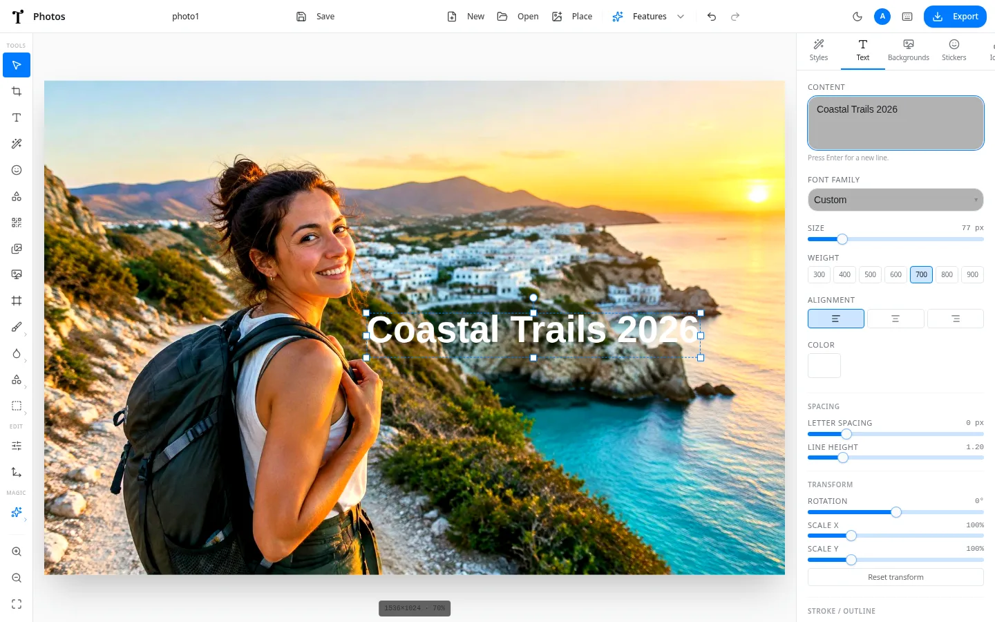 Typimo Photos editor with a travel photo and Coastal Trails 2026 headline text