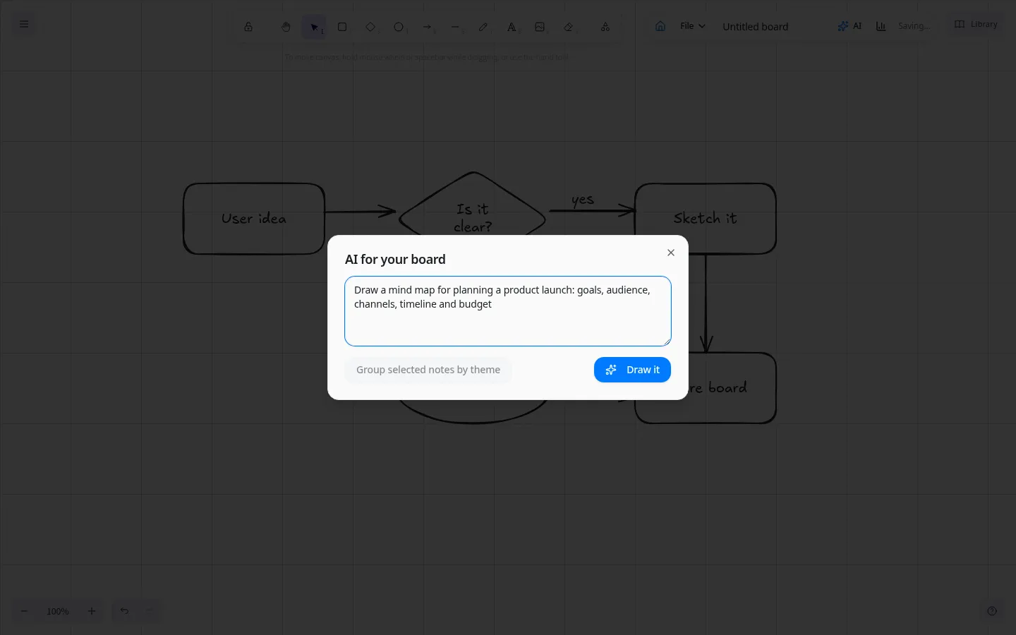Typimo Excalidraw AI dialog asking to draw a product launch mind map