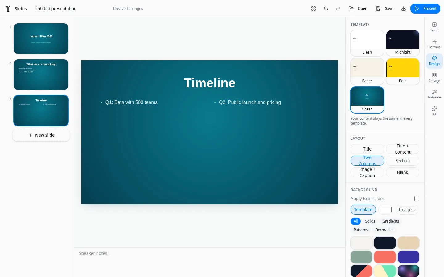Typimo Slides two-column timeline slide in the Ocean template