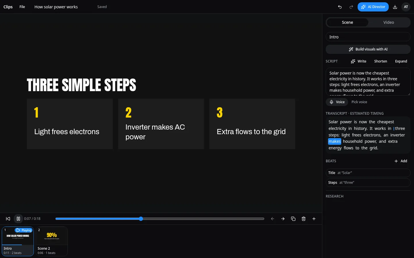 Typimo Clips scene showing three numbered steps as animated cards