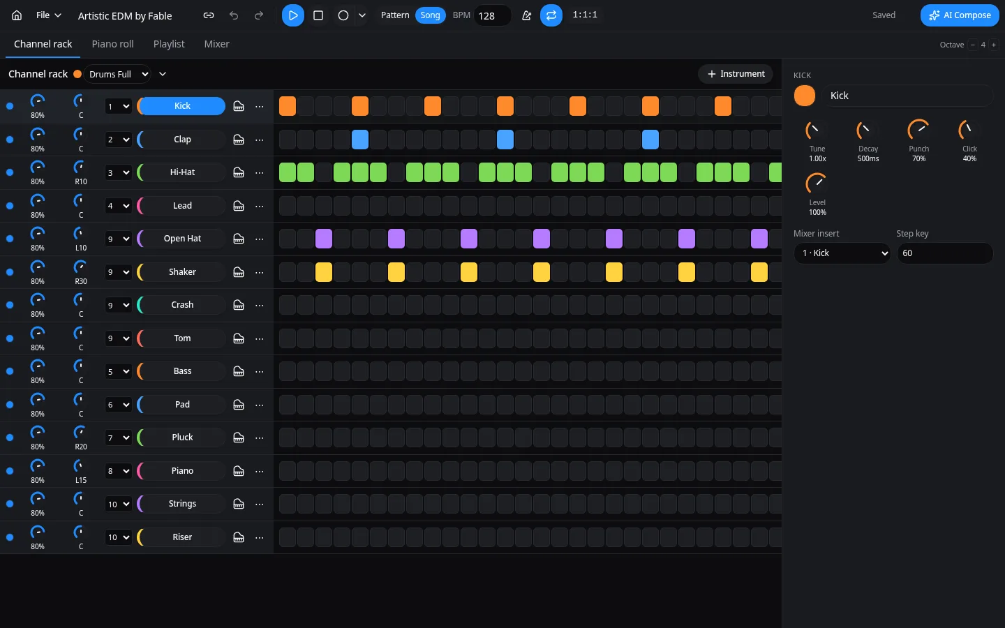 Typimo Beats channel rack step sequencer with drums, bass, lead and pad patterns