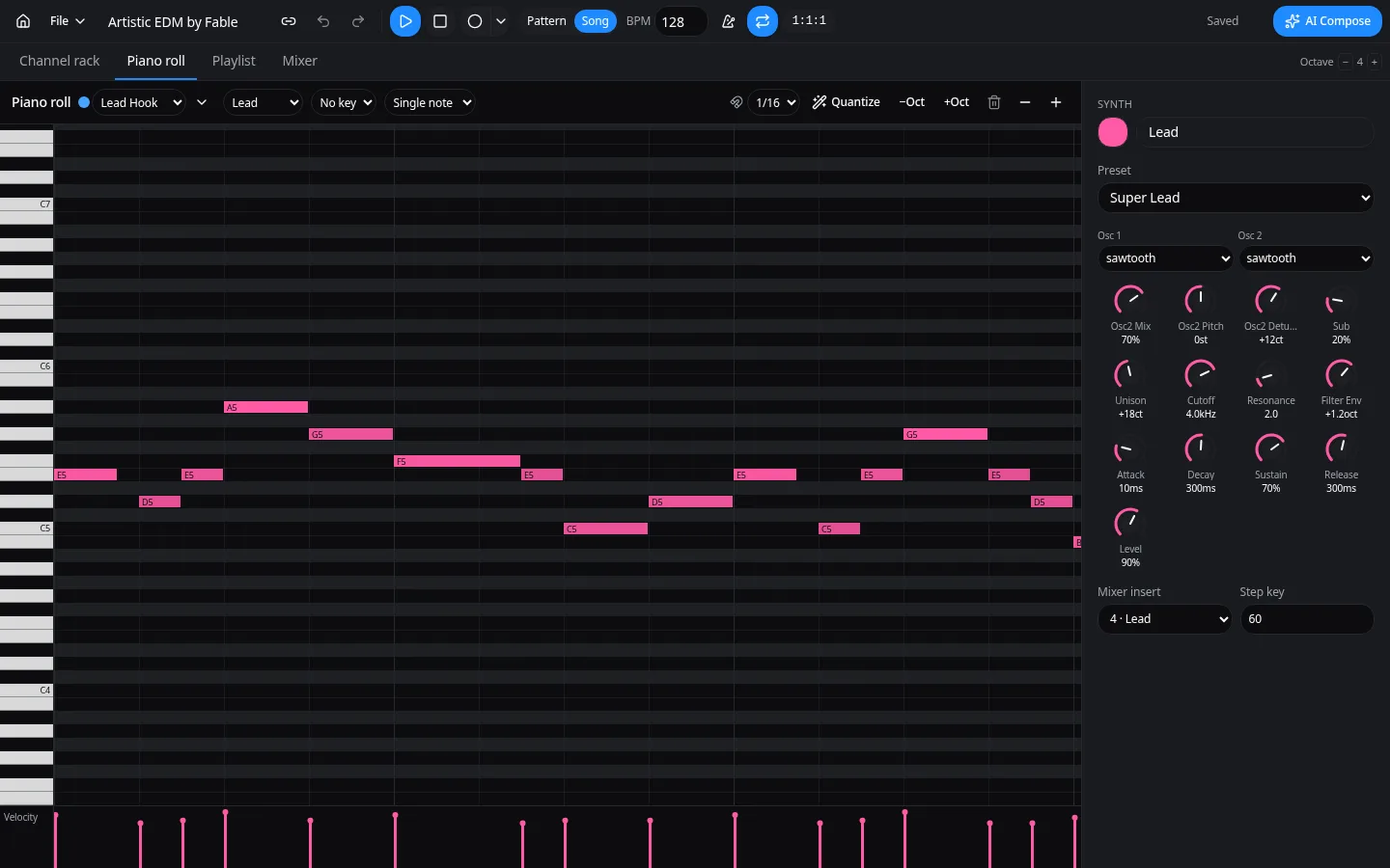 Typimo Beats piano roll with a lead melody, key, scale and chord tools