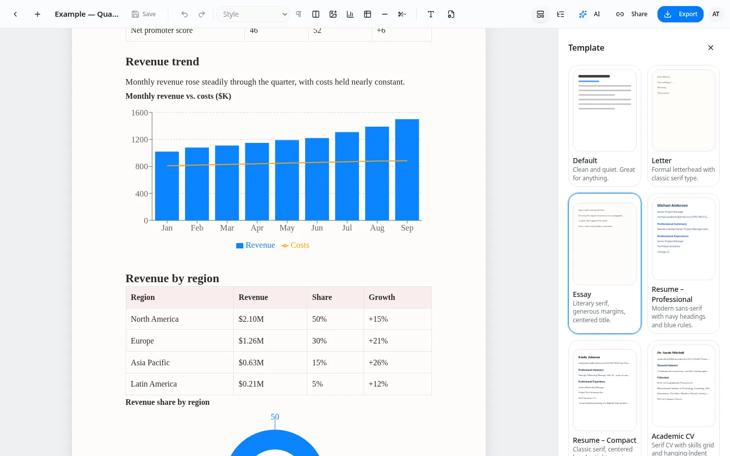 Typimo Docs template panel with Default, Letter, Essay, Resume and Academic CV templates