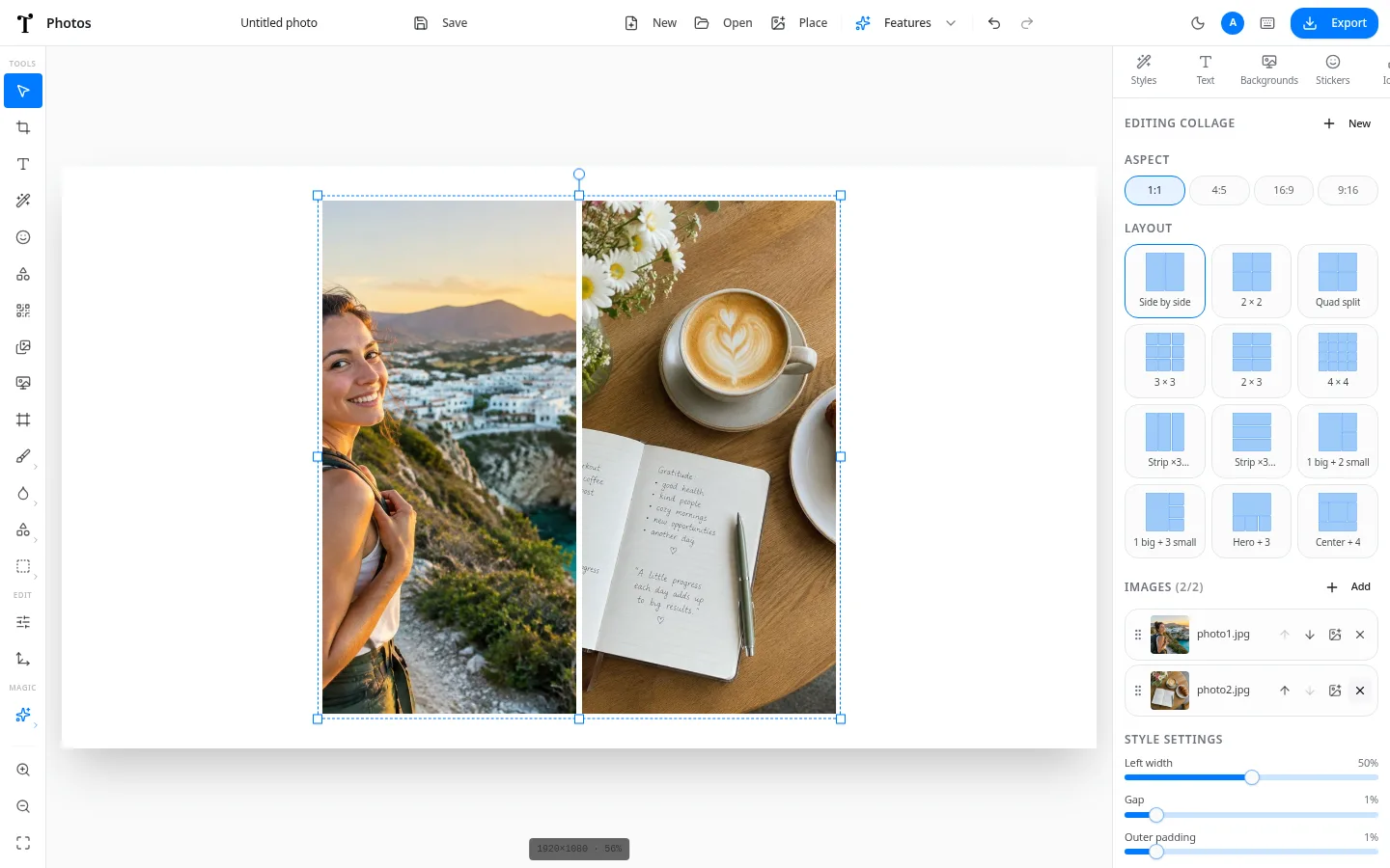 Typimo Photos collage maker with a side-by-side layout of two photos