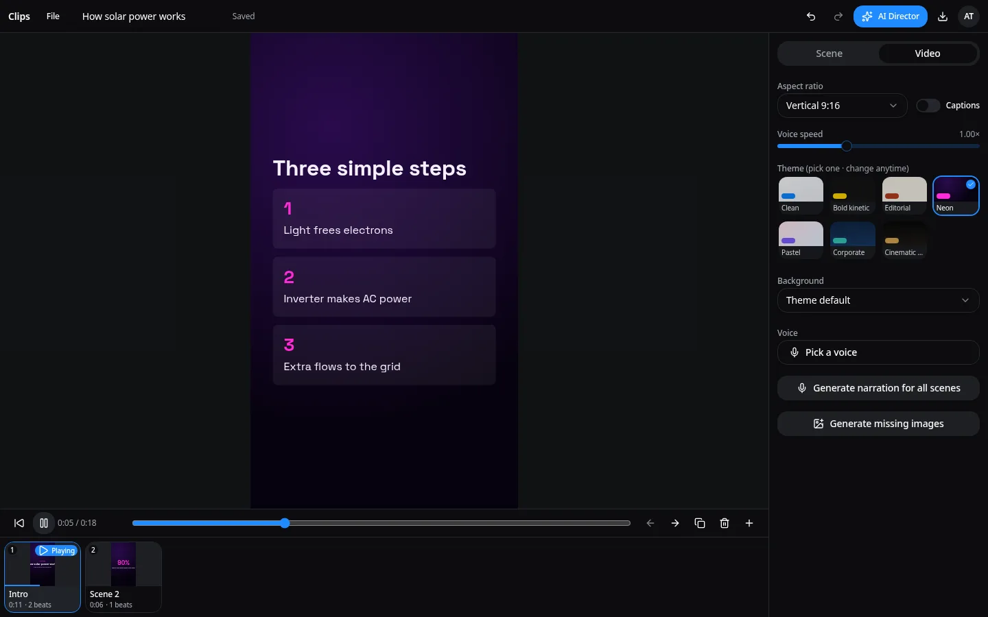 Typimo Clips vertical 9:16 video in the Neon theme with video settings