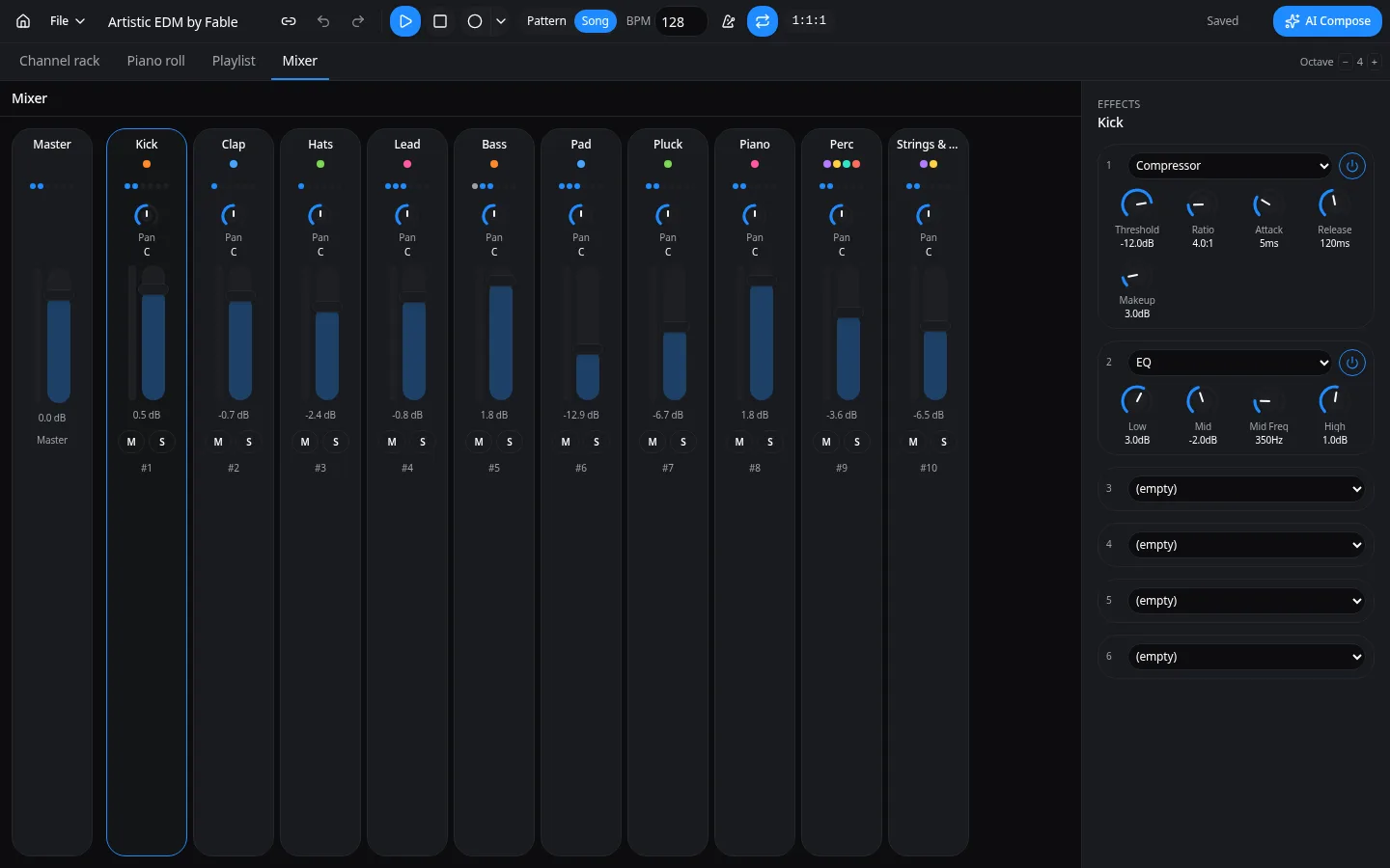 Typimo Beats mixer with channel faders, pan, mute, solo and effect slots